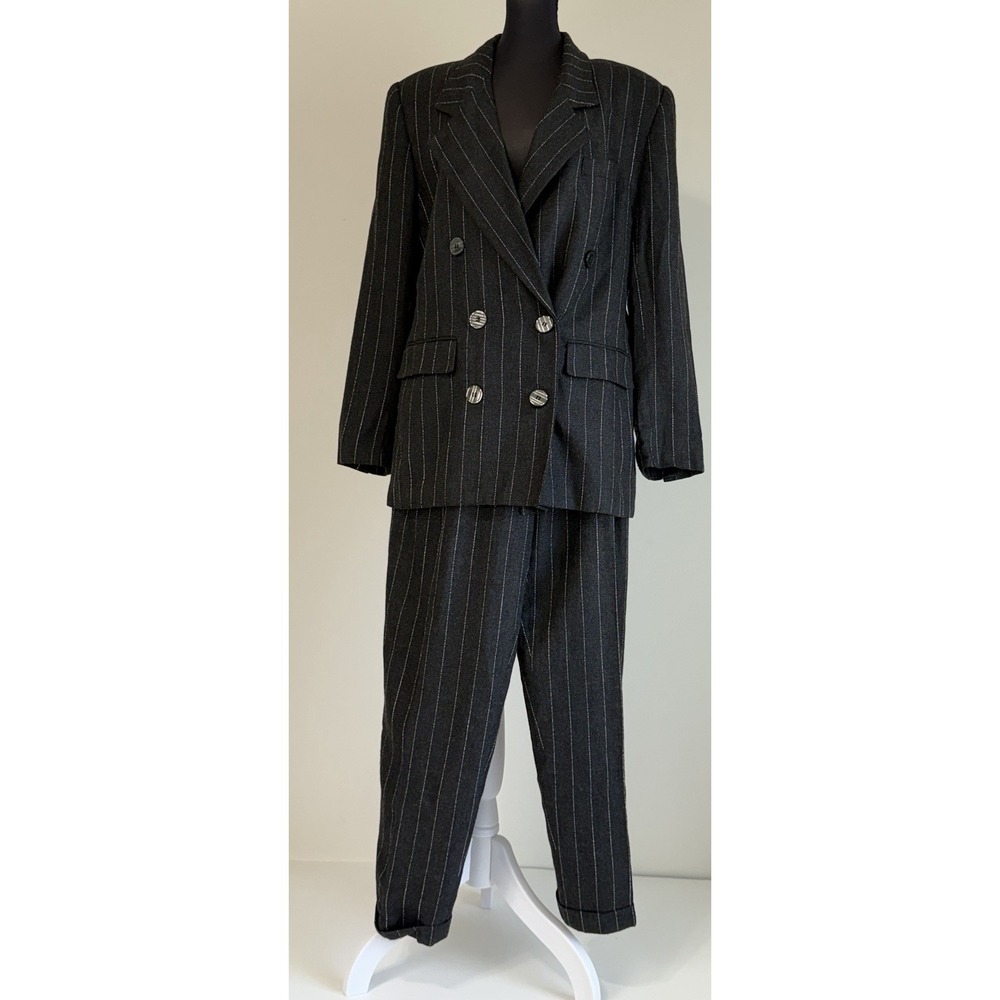Vintage 90s Casual Corner Rayon Pinstripe Pant Suit Sz 8 Double Breasted Gray
